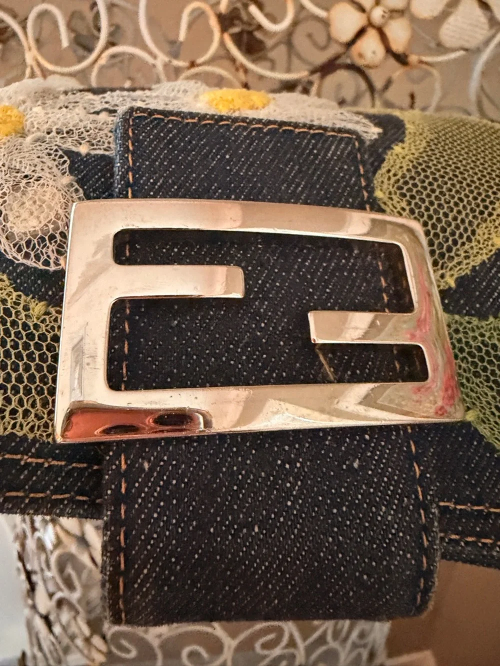 Fendi Baguette AUTHENTIC Vintage Denim Floral Daisy Appliqué - Picture 3 of 11